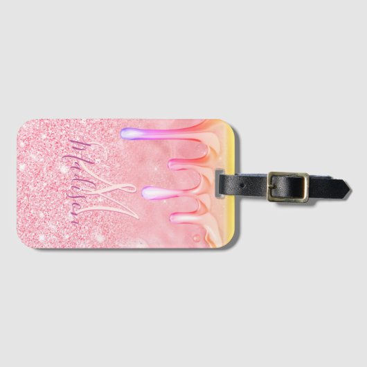 Cute ombre roos gold faux glitter dript monogram bagagelabel (Voorkant (horizontaal))