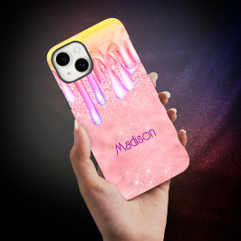 Cute ombre roos gold faux glitter dript monogram iPhone 15 case