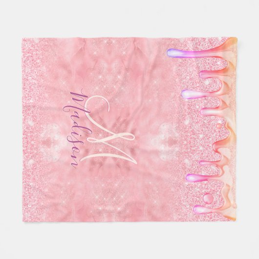 Cute ombre roos gold faux glitter dript monogram fleece deken (Voorkant (Horizontaal))