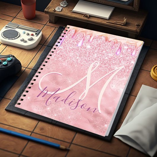 Cute ombre roos gold faux glitter dript monogram notitieboek