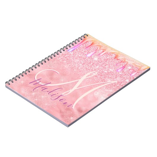 Cute ombre roos gold faux glitter dript monogram notitieboek (Linkerzijde)
