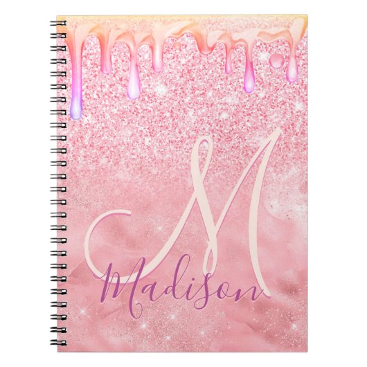 Cute ombre roos gold faux glitter dript monogram notitieboek (Voorkant)