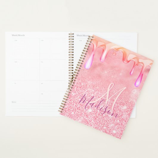 Cute ombre roos gold faux glitter dript monogram planner (Display)
