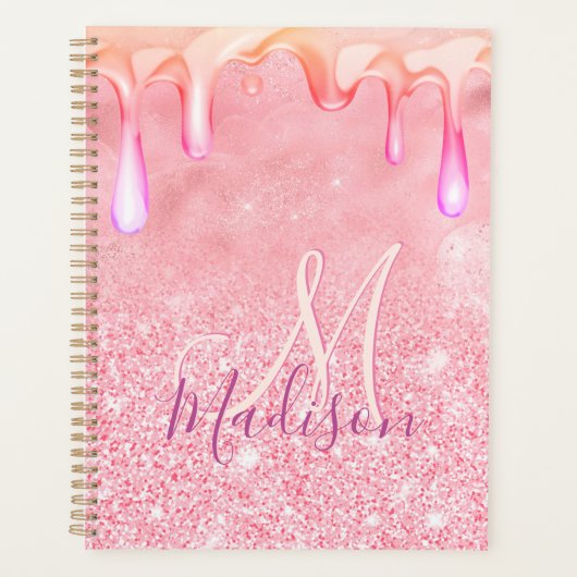 Cute ombre roos gold faux glitter dript monogram planner (Voorkant)