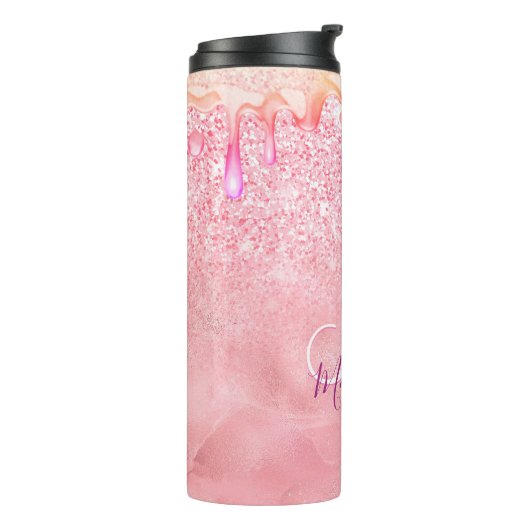 Cute ombre roos gold faux glitter dript monogram thermosbeker (Gedraaid links)