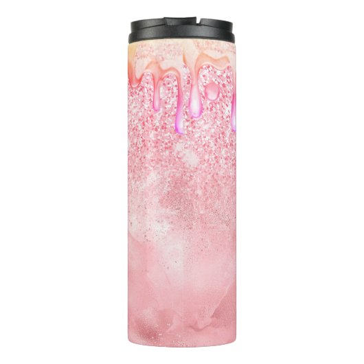 Cute ombre roos gold faux glitter dript monogram thermosbeker (Achterkant)