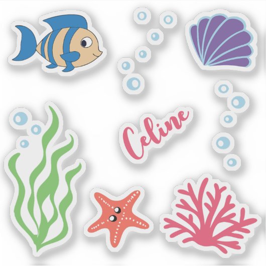 Cute Onder Water Thema Vissen Aangepaste Naam Sticker (Voorkant)