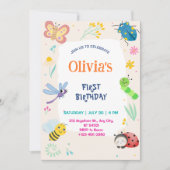 Cute One Bug & Butterflies 1st Birthday Invitation Kaart (Voorkant)