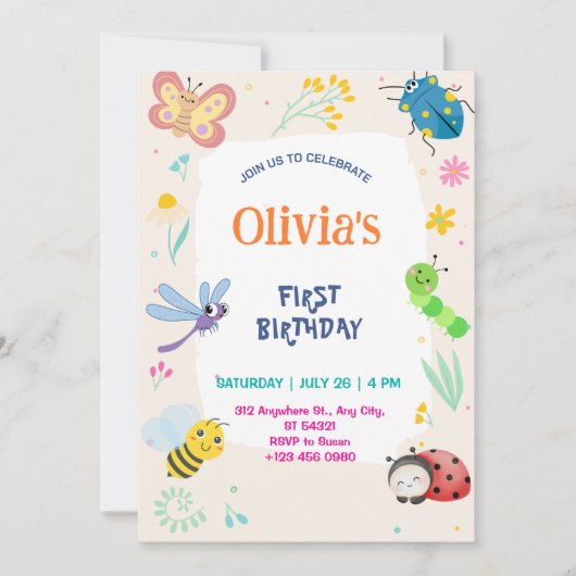 Cute One Bug & Butterflies 1st Birthday Invitation Kaart (Voorkant)