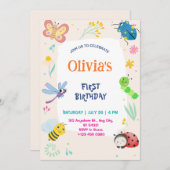 Cute One Bug & Butterflies 1st Birthday Invitation Kaart (Voorkant / Achterkant)