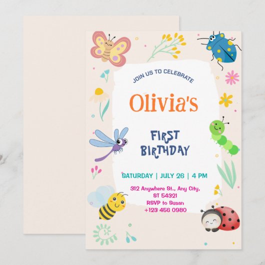 Cute One Bug & Butterflies 1st Birthday Invitation Kaart (Voorkant / Achterkant)