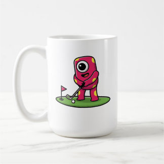 Cute One-Eyed Pink Monster Playing Golf Cartoon Koffiemok