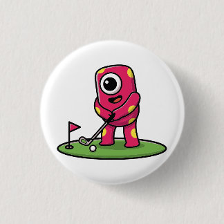 Cute One-Eyed Pink Monster Playing Golf Cartoon Ronde Button 3,2 Cm