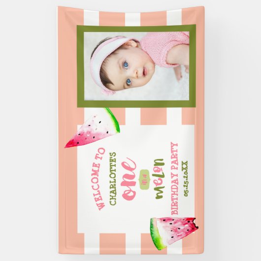 Cute One in a Melon Happy 1st Birthday Photo Spandoek (Verticaal)