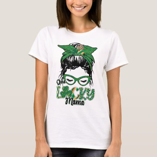 Cute One Lucky Mama Messy Bun Happy St Patricks Da T-shirt (Voorkant)