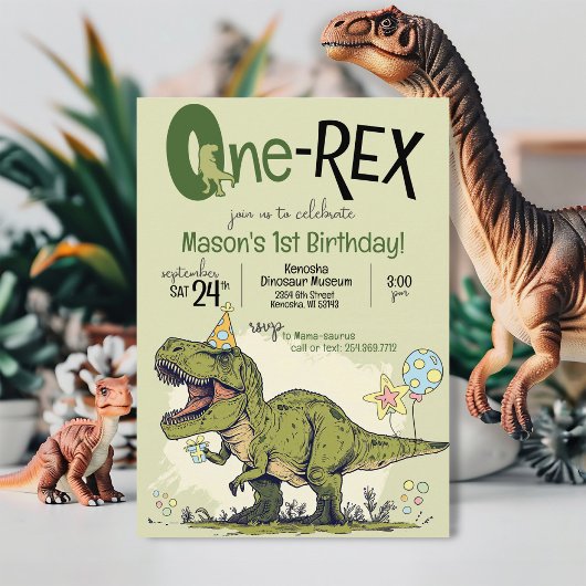 Cute One-Rex Dinosaur Cartoon 1st Birthday Party Kaart