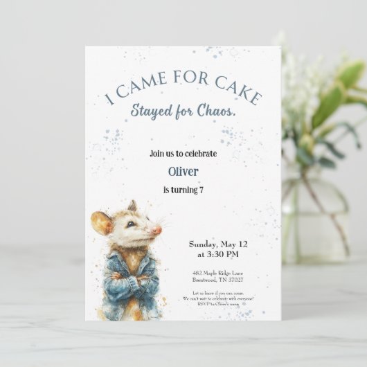 Cute Opossum Birthday Invitation for Kids Save The Date (Staand voorkant)
