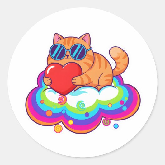 Cute Orange Cat Holding Red Heart on Rainbow Cloud Ronde Sticker (Voorkant)