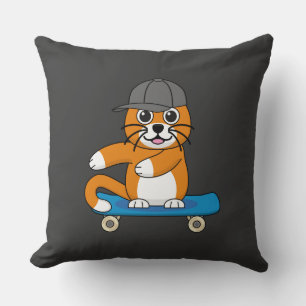 Cute Orange Cat on Skateboard Cartoon Kussen