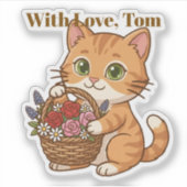 Cute Orange Cat & Spring Flowers: Die-Cut Sticker (Voorkant)
