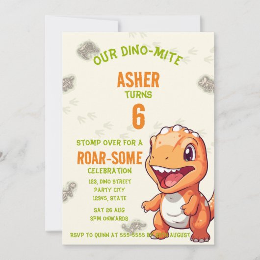 Cute Orange Dinosaur T-Rex Birthday Invite Kaart (Voorkant)