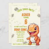 Cute Orange Dinosaur T-Rex Birthday Invite Kaart (Voorkant / Achterkant)