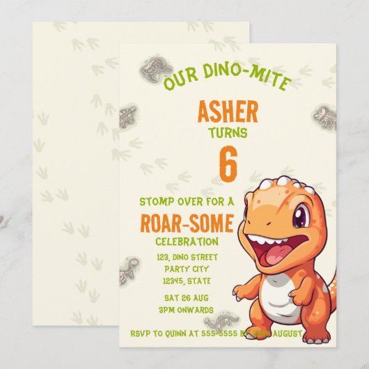 Cute Orange Dinosaur T-Rex Birthday Invite Kaart (Voorkant / Achterkant)