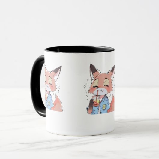 Cute Orange Fox Drinking Juice Mug – Fun Animal Lo Mok (Voorkant links)