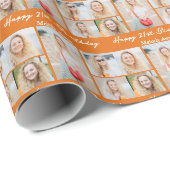 Cute Orange Happy Birthday Photo Collage Custom Cadeaupapier (Rol Hoek)