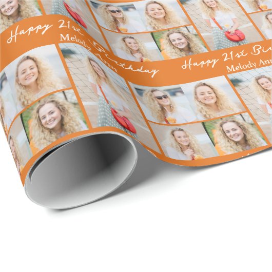 Cute Orange Happy Birthday Photo Collage Custom Cadeaupapier (Rol Hoek)