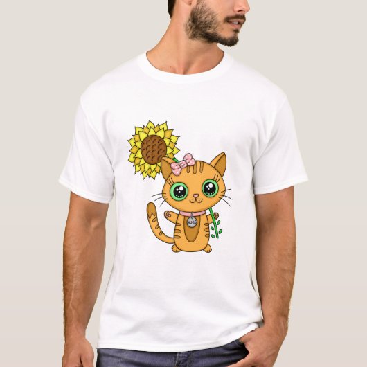 Cute Orange Kawaii Cat with Sunflower T-shirt (Voorkant)