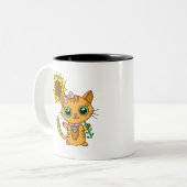 Cute Orange Kawaii Cat with Sunflower Tweekleurige Koffiemok (Voorkant links)