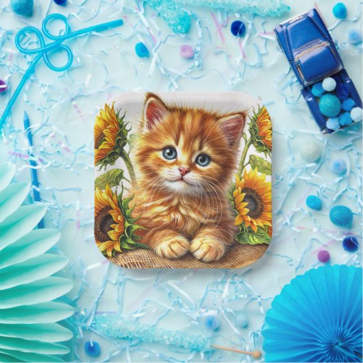 Cute Orange Kitten Among Sunflowers Papieren Bordje (Feest)