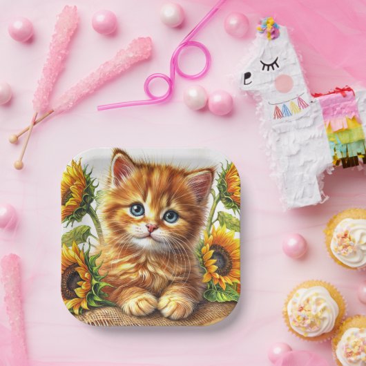 Cute Orange Kitten Among Sunflowers Papieren Bordje (Feest)