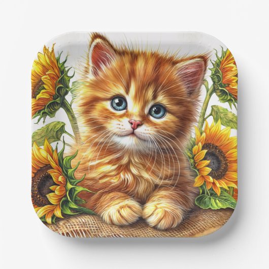 Cute Orange Kitten Among Sunflowers Papieren Bordje (Voorkant)