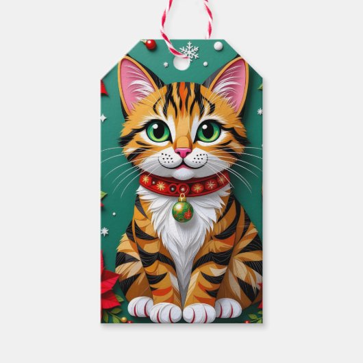 Cute Orange Kitty Cat and Poinsettia Christmas Cadeaulabel (Voorkant)