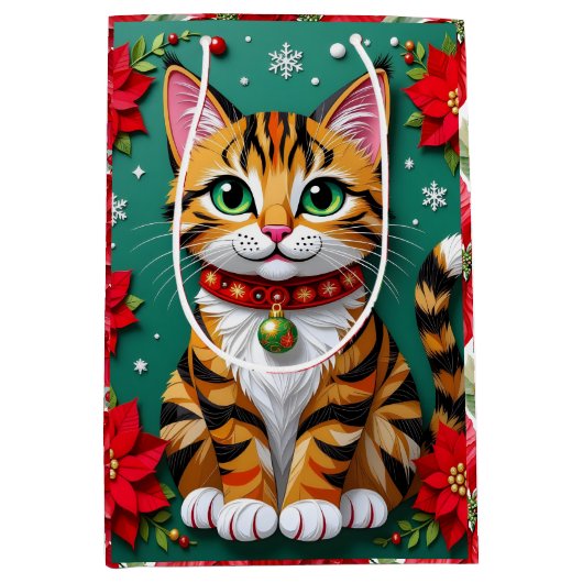 Cute Orange Kitty Cat and Poinsettia Christmas Medium Cadeauzakje (Voorkant)