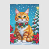 Cute Orange Kitty Cat and Poinsettia Christmas Tissuepapier (Voorkant)