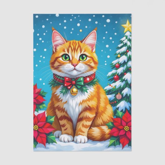Cute Orange Kitty Cat and Poinsettia Christmas Tissuepapier (Voorkant)