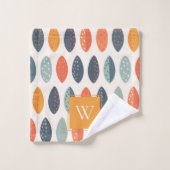 Cute Oranje Blue Leafy Botanical Monogram Patroon Bad Handdoek (Wasdoekje)