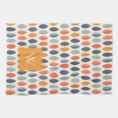 Cute Oranje Blue Leafy Botanical Monogram Patroon Theedoek (Horizontaal)