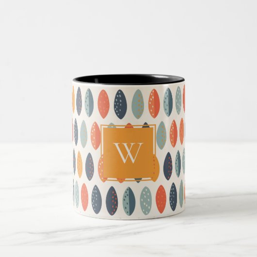 Cute Oranje Blue Leafy Botanical Monogram Patroon Tweekleurige Koffiemok (Center)