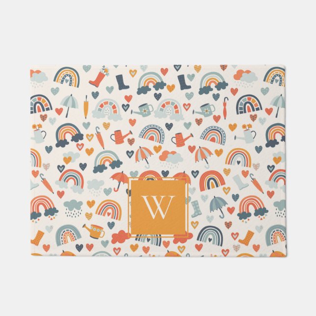 Cute Oranje Blue Spring Rainbow Clouds Pattern Deurmat (Voorkant)