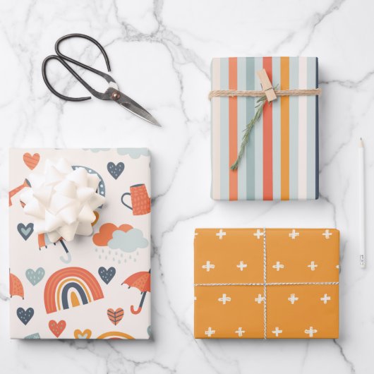 Cute Oranje Blue Spring Rainbow Clouds Pattern Inpakpapier Vel (Voorkant)