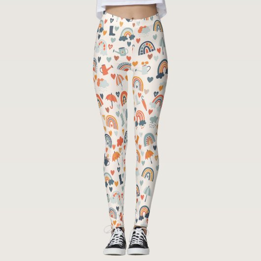 Cute Oranje Blue Spring Rainbow Clouds Pattern Leggings (Voorkant)