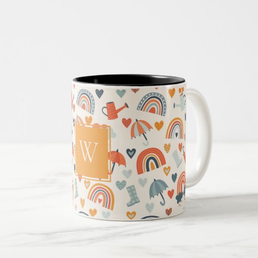 Cute Oranje Blue Spring Rainbow Clouds Pattern Tweekleurige Koffiemok (Voorkant rechts)