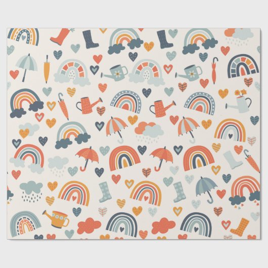 Cute Oranje Blue Spring Rainbow Clouds Pattern Wra Cadeaupapier (Vlak)