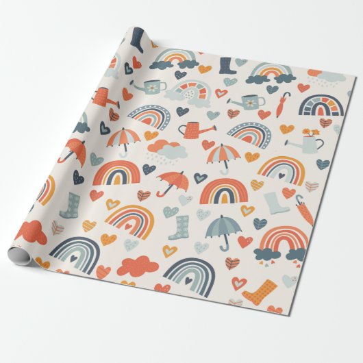 Cute Oranje Blue Spring Rainbow Clouds Pattern Wra Cadeaupapier (Uitgerold)