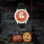 Cute Oranje Circle Smiling Halloween Ghost Horloge<br><div class="desc">Show een schattig,  wit,  glimlachend,  vliegend geest met opgestoken armen,  over een Halloween-oranje cirkel. Pas de naam aan onder de gelukkige geest. Schattig. Stijlvol. Koel. Voor kinderen voor Halloween,  Oktober,  Autumn,  of om het even welk ogenblik van het jaar. Het maakt een geweldig cadeau.</div>