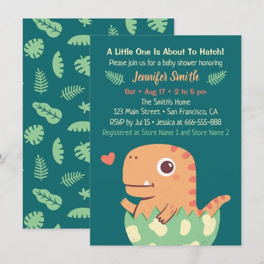 Cute Oranje Dinosaurus Komt Uit Ei Baby Shower Kaart (Voorkant / Achterkant)